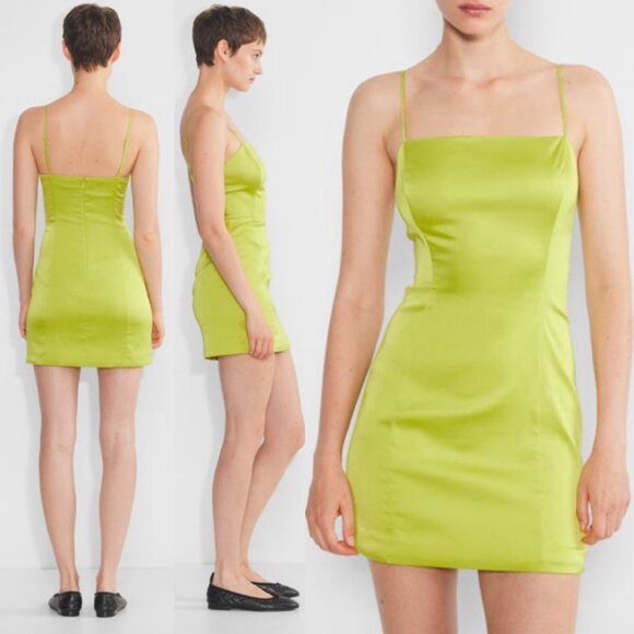 Aritzia Sunday Best Shimmer Satin Dress Size 2 Pear Green Neon Chartreuse $98 - Picture 1 of 14